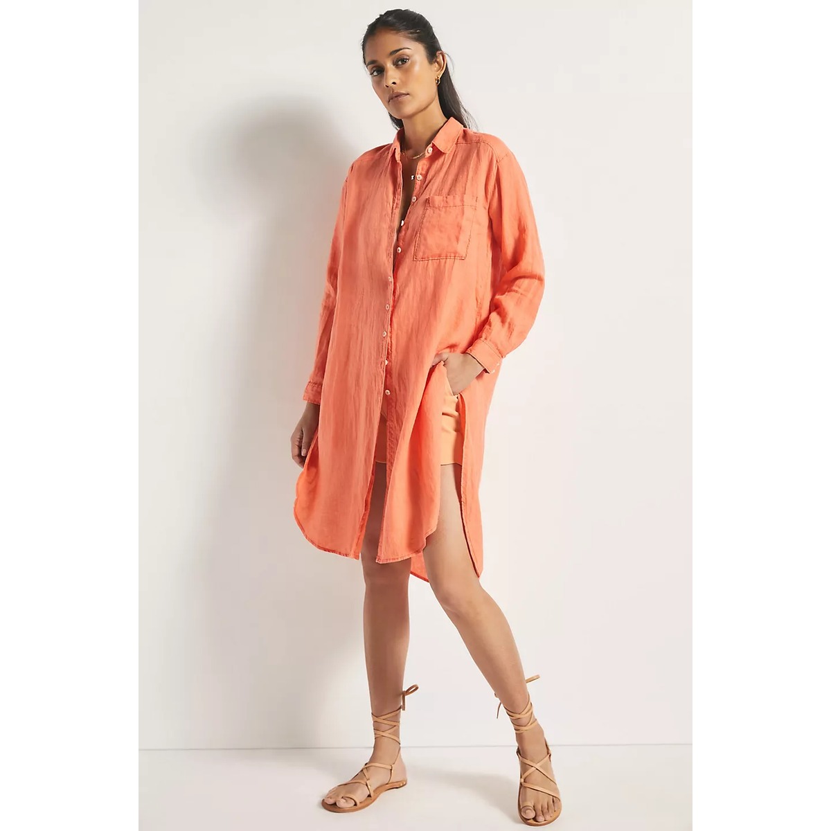 Anthropologie Women Relaxed Button Up Linen Tunic Top Sz Xs Coral Orange Beach